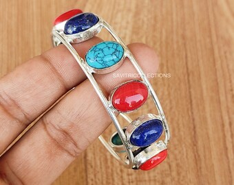 ターコイズ ラピスラズリ カフバングル ターコイズ、ラピスラズリ、レッドコーラルのマルチストーンバングル