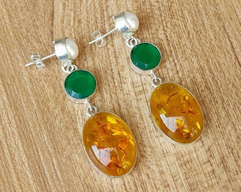 Amber And Pearl Multi Stone Dangle Earring 92.5 Silver Plated Earring Pearl Earring Crystal Earrings Handmade Boho Jewelry Gift For Her