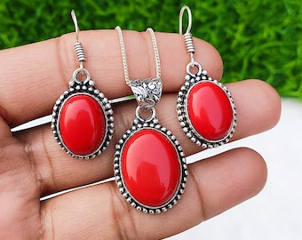 Red Coral Pendant Earring Set 925 Silver Plated Ear Wire Earring Crystal Jewelry Set Handmade Boho Jewelry Gift For Her Christmas Gift