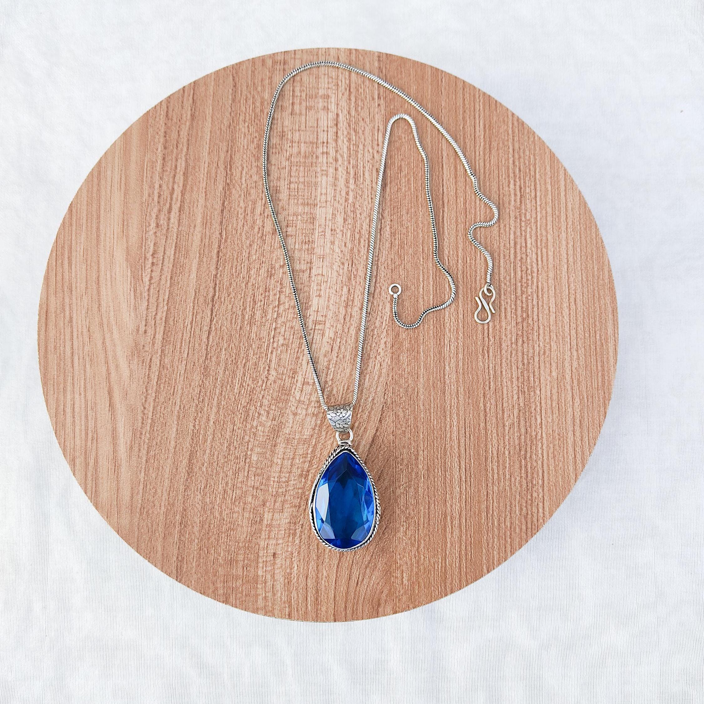 Blue Topaz Hydro Quartz Pendant Silver Plated Necklace, Handmade