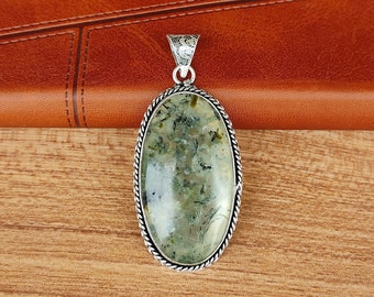 Prehnite Gemstone Pendant, Handmade Silver Plated Boho Necklace Jewelry