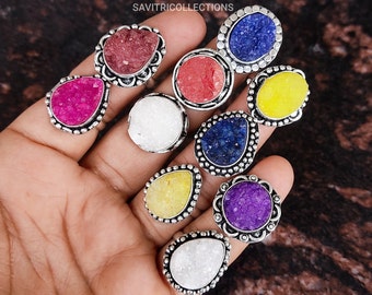 Druzy Multi Color Stone Wholesale Ring 92.5 Silver Plated Ring Mix Design Ring Lot Handmade Boho Jewelry Wholesale Best Price Bulk Jewelry