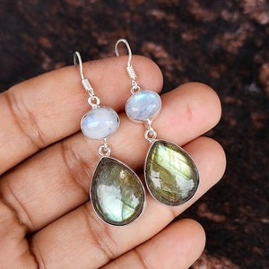 Labradorite And Moonstone Multi-Stone Ear Wire Earring 925 Silver Plated Earring Crystal Earring Handmade Boho Jewelry Gift For Her
