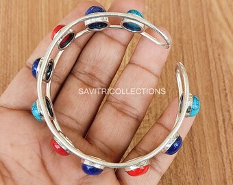 ターコイズ ラピスラズリ カフバングル ターコイズ、ラピスラズリ、レッドコーラルのマルチストーンバングル