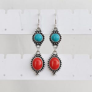 Turquoise & Red Coral Dangle Earrings, Handmade Silver Plated Boho Jewelry