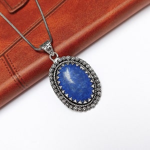 Lapis Lazuli Pendant 92.5 Silver Plated Chain Necklace Large Size Lapis Lazuli Gemstone Pendant Designer Handmade Boho Jewelry Gift For Her