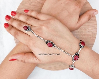 Red Coral Ring Hand Chain Bracelet Silver Plated Adjustable Ring And Hand Chain Bracelet Handmade Boho Jewelry For Mom Gift For Her