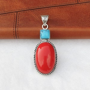 Red Coral-Turquoise Multi Stone Pendant 925 Silver Plated Necklace Moonga Gemstone Pendant Handmade Boho Jewelry For Her Christmas Sale