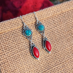 Turkoois en rood koraal multi stenen oorbel 92,5 verzilverde oorbel oorbel hangoorbel handgemaakte boho sieraden cadeau voor haar
