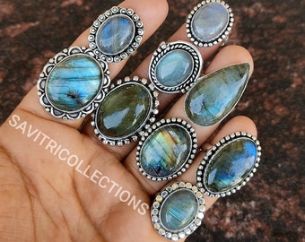 Labradorite Gemstone Wholesale Ring 92.5 Silver Plated Ring Mix Design  Ring Lot Handmade Boho Jewelry Wholesale Best Price Bulk Jewelry