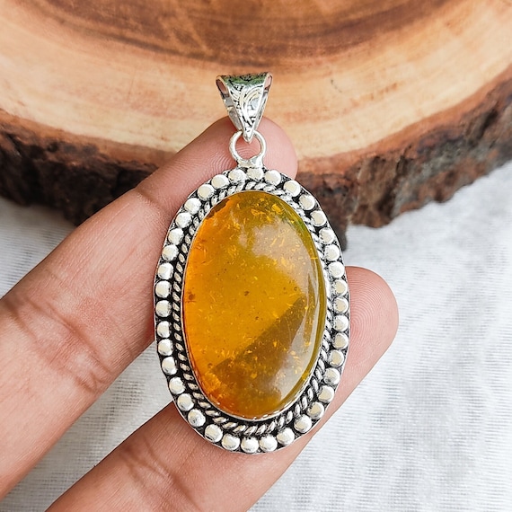 Amber Pendant 925 Silver Plated Chain Necklace Crystal Pendant