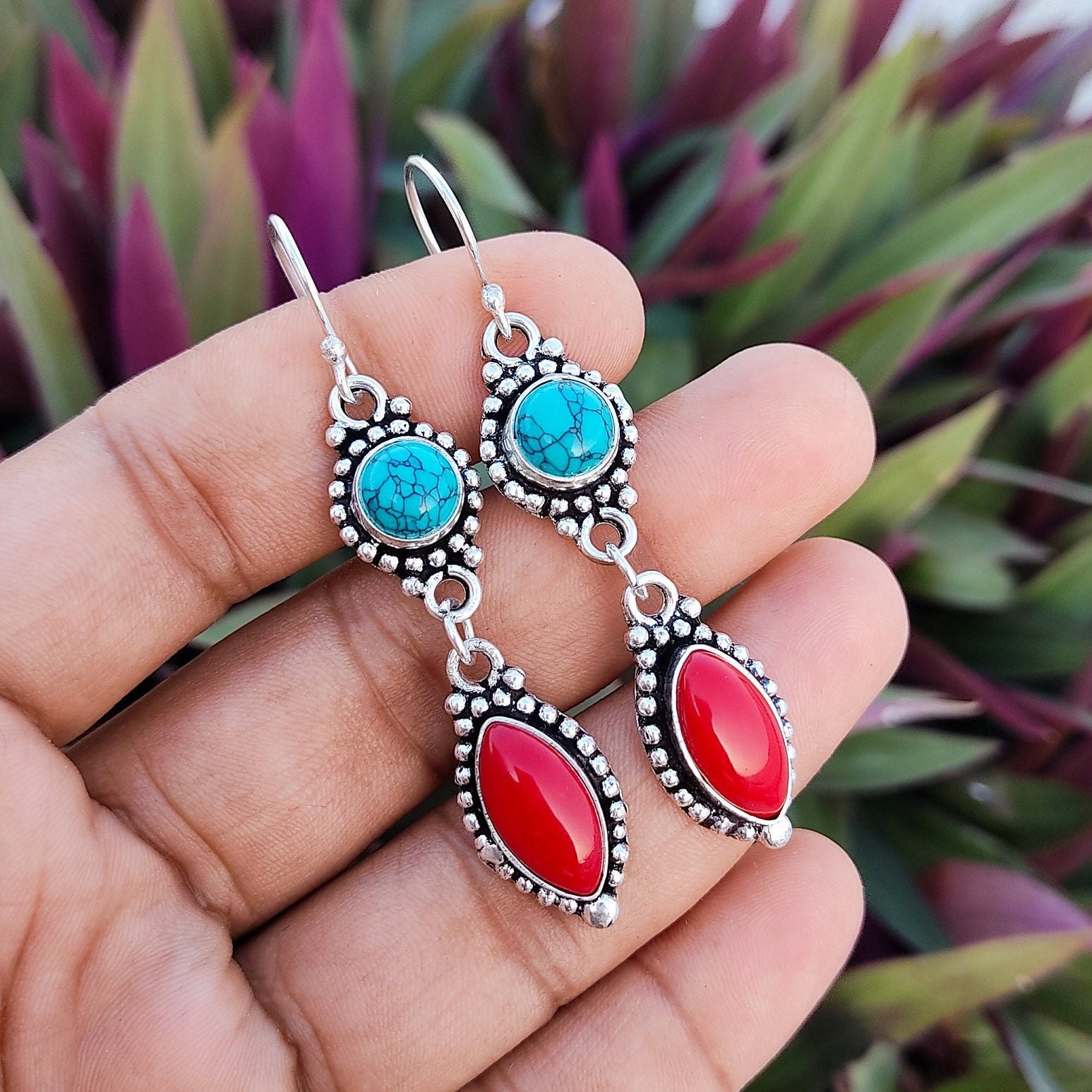 thumbnail image 2 of Handmade 925 Sterling Silver Dangle Earrings With Natural Turquoise & Coral | Victorian Style Gemstone Jewelry For Women 2 of 3