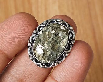 Raw Pyrite Stone Ring, 925 Silver Plated, Boho Jewelry