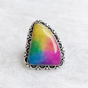 Large Rainbow Solar Quartz Ring 925 Silver Plated Ring Healing Crystal Ring Handmade Boho Jewelry Cabochon Ring Gift For Her Christmas sale