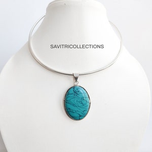Turquoise Choker Necklace 92.5 Silver Plated Pendant Choker Necklace Turquoise Gemstone Necklace Handmade Boho Jewelry Gift For Her