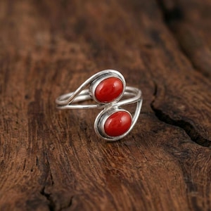 Red Coral Adjustable Ring, 92.5 Silver Plated Boho Ring