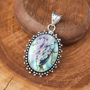 Abalone Shell Pendant 925 Silver Plated Chain Necklace Abalone Shell Gemstone Pendant Handmade Boho Jewelry Gift For Her/Him Christmas Gift