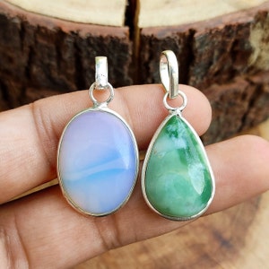 2 Pcs Crystal Pendant Chrysoprase And Opalite Pendant 925 Silver Plated Chain Necklace Handmade Boho Jewelry Gift For Her Christmas Sale