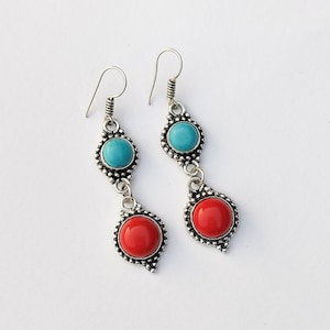 Red Coral And Turquoise Multi Stone Earrings 925 Silver Plated Ear Wire Earrings Handmade Boho Jewelry For Her For Mom Christmas Sale