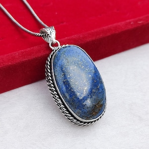 Large Lapis lazuli Pendant  92.5 Silver Plated Pendant Necklace Large Size Crystal Pendant Handmade Boho Jewelry Vintage Gift For Her
