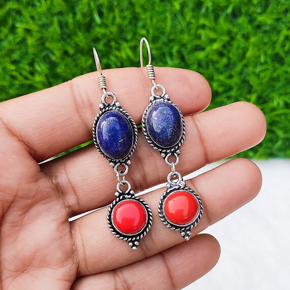 Boucles D'oreilles Pendantes En Argent 925 Plaqué Avec Lapis-lazuli - Les Gemmes De L'Ursuya