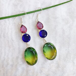 Newest Sky Blue Water Drop Bi-Colored Tourmaline Gem Silver Dangle Hook Earrings