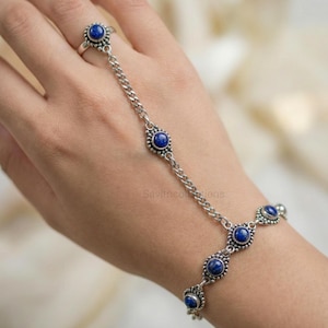 Pulsera de lapislázuli con anillo y cadena de mano, joyería bohemia bañada en plata 925