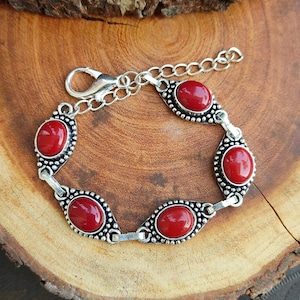 Red Coral Bracelet Silver Plated Handmade Bracelet Adjustable Bracelet Red Coral Gemstone Boho Jewelry For Women/Men Christmas Sale