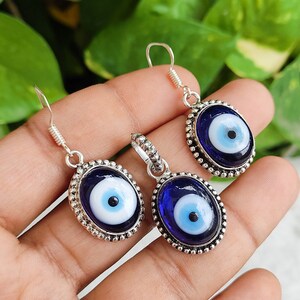 Zestaw kolczyków z wisiorkiem Evil Eye Kolczyki z biglem ze srebra 925 Zestaw biżuterii Evil Eye Ręcznie robiona biżuteria boho na szczęście Prezent dla niej