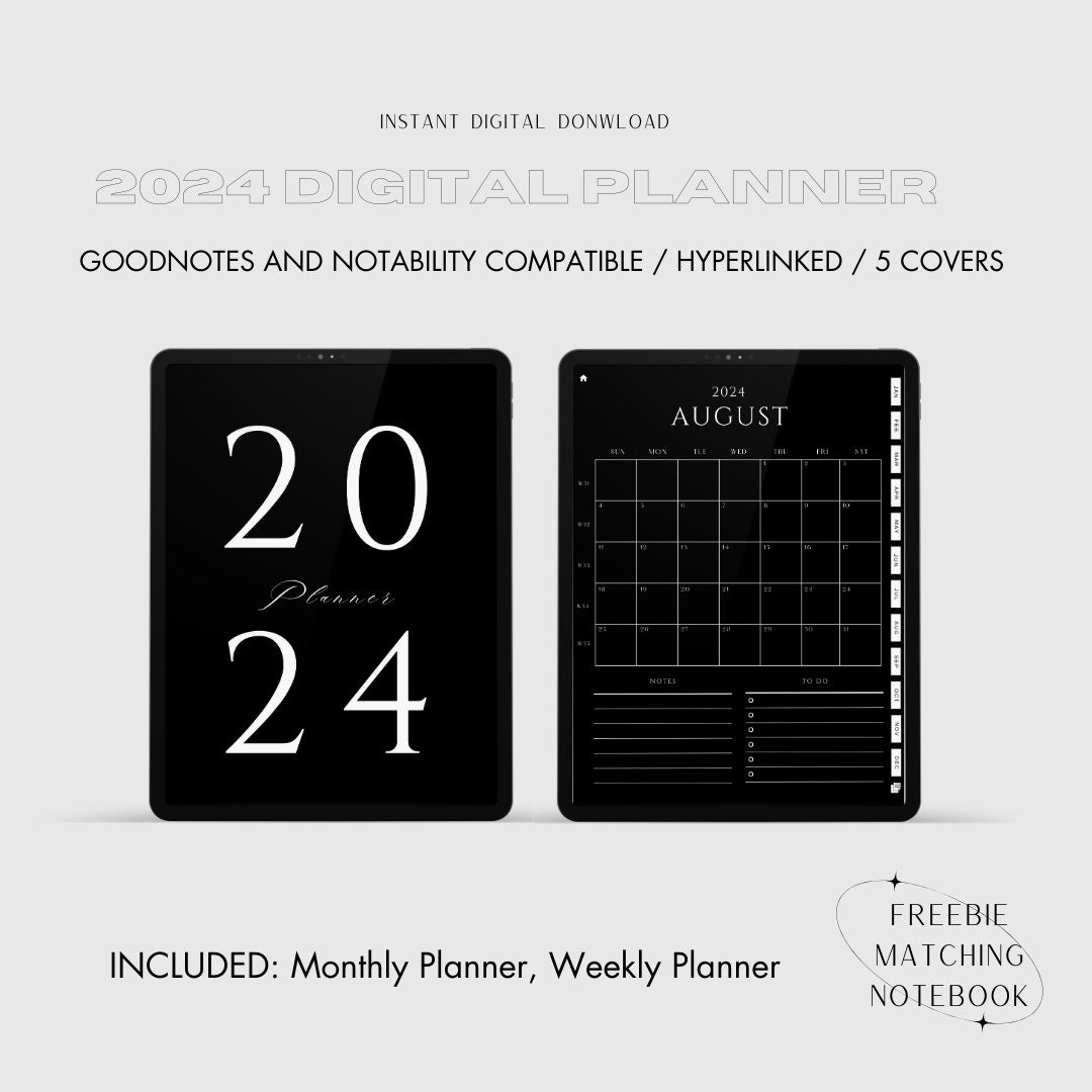 2024 Minimal Black Digital Planner DATED Goodnotes Planner Digital ...