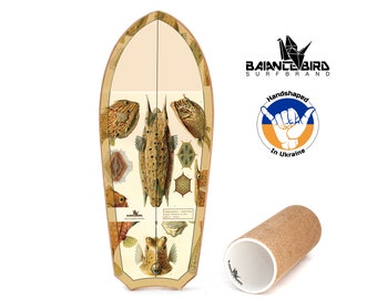 Balance board Balancebird "Nature Research" collection - Ostraciontes. Made in Ukraine. Aesthetic pastel colors graphic, cork wood, fish..