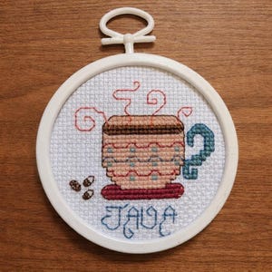 Java Coffee Cup Cross Stitch Ornament | Mini Hoop Art (2.5 inch)