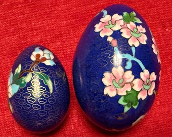 Vintage Lot of 2 Cobalt Cloisonné Eggs with Multicolored Floral Design