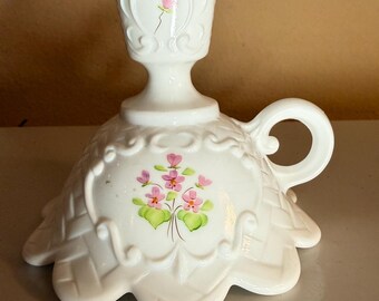 Vintage Fenton Art Glass Candleholder White Milk Glass Violets in the Snow Signed Handpainted