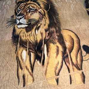 May include: A plush throw blanket featuring a large, detailed illustration of a male lion with a dark brown mane and golden fur. The lion is depicted standing in tall, light tan grass. The background of the blanket has a repeating pattern.