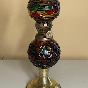 Vintage Miniature Oil Lamp, Multicolored Glass Base and Globe, made in Hong Kong