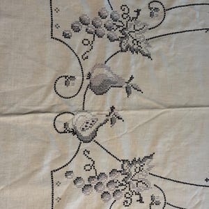 May include: A light-colored fabric featuring black cross-stitch embroidery. The design displays clusters of grapes and pear-shaped fruits connected by thin, curved lines. The embroidery is arranged in a symmetrical pattern with decorative borders.