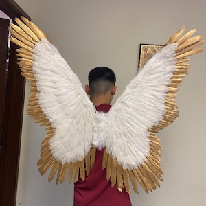 XXL Real Feather Angel Wings – Large Dyed Gold-edge WhiteHalloween Fairy Feather Angel Wings for Adults Men Women Butterfly Style