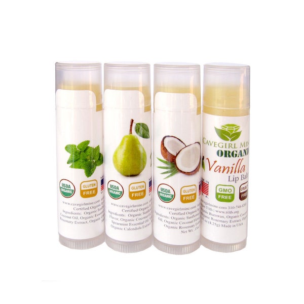 4-Pack Certified USDA Organic Lip Balm. 100% Organic All Natural Flavors Coconut Pear Peppermint Vanilla Made in USA  hapstick Paraben Free
