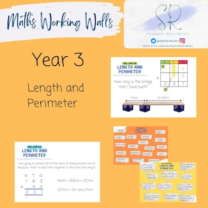 May include: A set of colorful printable posters for teaching length and perimeter in third grade math. The posters feature a bridge, a table, and a word bank with terms like 'length', 'perimeter', 'measure', and 'compare'.
