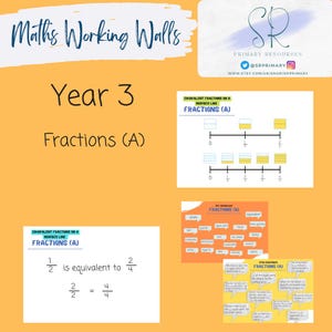 May include: A yellow and orange printable worksheet for third grade math students. The worksheet focuses on equivalent fractions and includes a number line and a visual representation of 1/2 being equivalent to 2/4. The text "Equivalent Fractions on a Number Line Fractions (A)" is at the top of the worksheet.