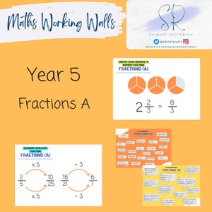 May include: A colorful educational poster for Year 5 students focusing on fractions. The poster includes diagrams, examples, and key vocabulary related to fractions. The title of the poster is "Fractions A".