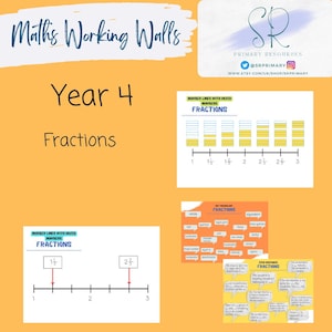 May include: A set of printable educational posters for fourth grade math, focusing on fractions. The posters feature number lines with mixed numbers and fractions, key vocabulary terms, and a STEM sentence starter activity.
