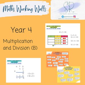以下が含まれることがあります： 掛け算と割り算に焦点を当てた、4年生向けのカラフルな教育ポスター。ポスターには、掛け算を表す円が描かれたグリッドと、掛け算と割り算に関する単語問題と重要な語彙が掲載されています。