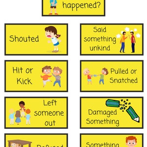 Puede incluir: Cartas amarillas con ilustraciones de niños y texto que describe diferentes tipos de acoso. El texto incluye "Shouted", "Hit or Kick", "Said something unkind", "Pulled or Snatched", "Left someone out", "Damaged something", "Refused", y "Something Else".