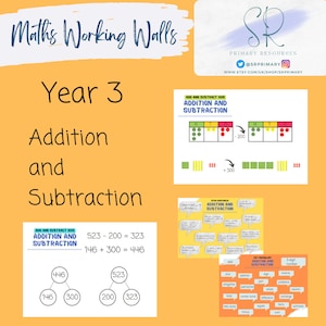 May include: A colourful printable resource for teaching addition and subtraction to year 3 pupils. The resource includes a visual representation of adding and subtracting 100s, a word wall with key vocabulary, and a number tree for solving addition and subtraction problems.