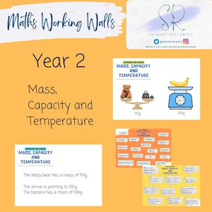 Może przedstawiać: Żółty plakat edukacyjny zatytułowany "Maths Working Walls" dla klasy 2, koncentrujący się na masie, pojemności i temperaturze. Plakat zawiera diagramy misia i banana z ich wagami w gramach.