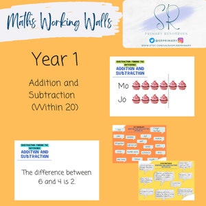 May include: A colourful printable worksheet for Year 1 maths. The worksheet features a visual representation of addition and subtraction using cupcakes. The worksheet also includes a word bank with terms related to addition and subtraction.