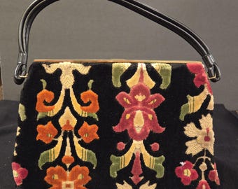 Vintage 1960s Cut Velvet Tapestry Handbag - Mid-Century Carpet Bag Purse