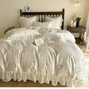 Pink/Off-White 100 Counts Cotton Bedding,Rose Embroidered Ruffled Lace Duvet Cover,French Lace Princess Style Cotton 4 PCS bedding Set